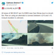 南加州57号高速旁燃起大火,浓烟滚滚