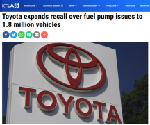 丰田公司紧急召回至少180万辆问题车辆 这些车辆