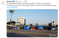 加州政府称,未来8周内6万游民或将感染新冠肺炎
