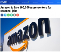 亚马逊将再招聘10万名季节性工作人员
