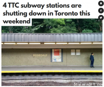 本周末！多伦多4个TTC地铁站关闭