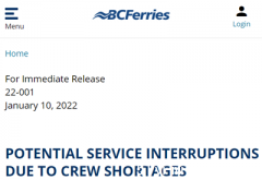 BC轮渡警告:船员短缺或致服务中断