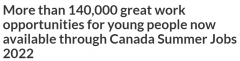 加拿大暑期工作计划提供14万岗位