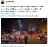 溫市烈焰大火兩樓燒毀2酒店人撤離