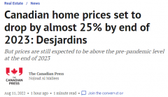 Desjardins预测：加拿大房价到2023年底将下跌25%！