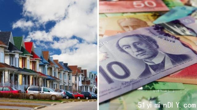 A residential suburb in Canada. Right: Canadian dollars.