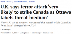 英国称加拿大受恐袭威胁度高，加拿大官方则称中等
